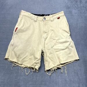 Y2K Split Clothing Chino Shorts Mens 30 Beige Twill Logo Mid Rise Frayed Hem